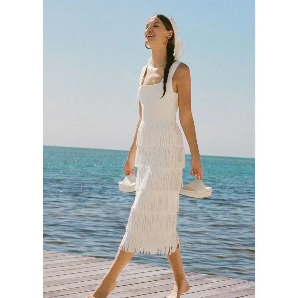 New Anthropologie Endless Rose Tiered Fringe Knit Dress Size Small